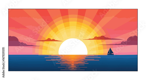 Vibrant seascape art with a stylized sunburst, sailboat, and gentle reflections evoking tranquility and journey depiction
