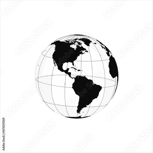 A black and white globe illustration featuring the continents of North and South America, with a grid of latitude and longitude lines.