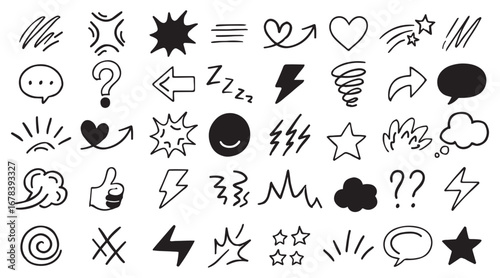 Anime Manga Doodle Vector Line Elements Set. Vector modern illustration of express shape on transparent background. Collection of graphic effects for character emotion. 