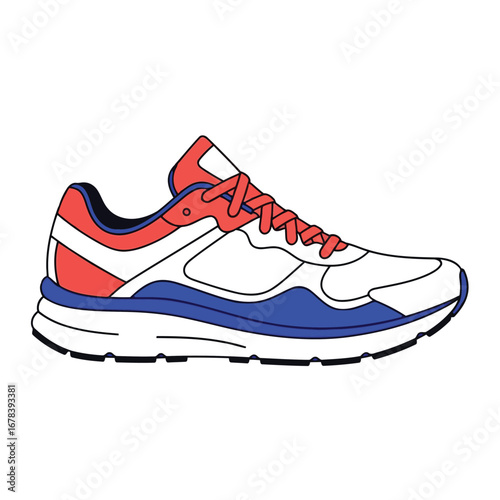 A stylized illustration of a modern running shoe with white, red, and blue colors, designed for athletic activities.
