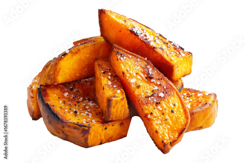 Baked and roasted sweet potato wedges with herbs and spices, isolated on white transparent background, concept of healthy homemade snack