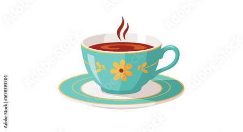 Aromatic Beverage in Floral Cup and Saucer, Illustrative Style with Subtle Steaming Detail, Isolated on White Depicting Serenity