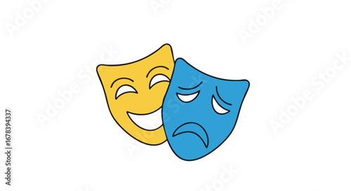 Stylized theatrical masks representing joy and sorrow emotions on a white background