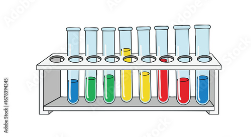 Colorful Test Tubes Arrayed in a White Rack Displaying a Variety of Solutions for Scientific or Educational Purposes