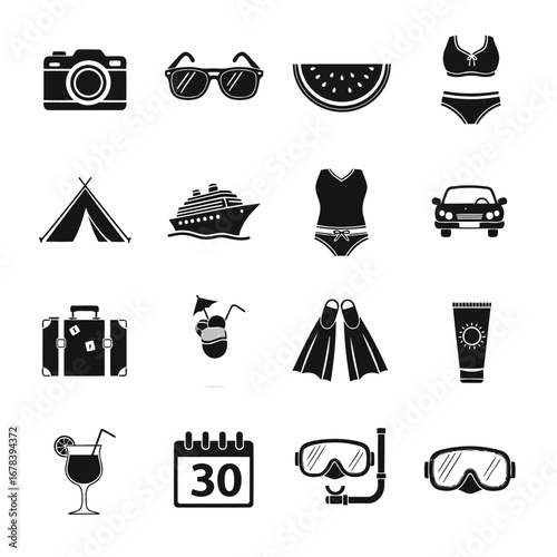 Set of black and white travel icons.