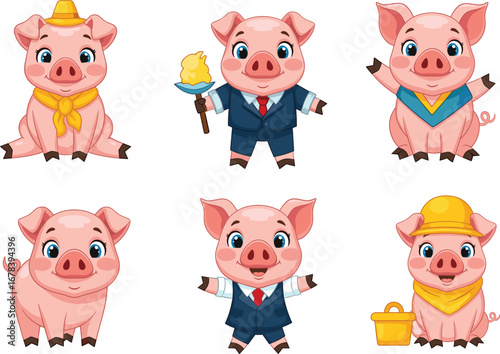 Cute cartoon pigs, dressed in suits, with hats and accessories, eating ice cream, playful pigs, farm animal vector, adorable pig illustration