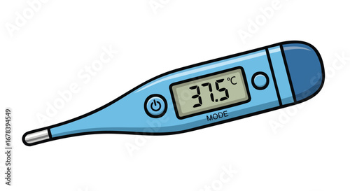Digital thermometer displaying a temperature of 37.5 degrees celsius, medical device illustration representing health monitoring and fever detection