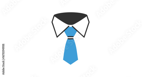Stylized graphic illustration featuring a crisp white collared shirt with a refined blue tie on a white backdrop for a professional appeal