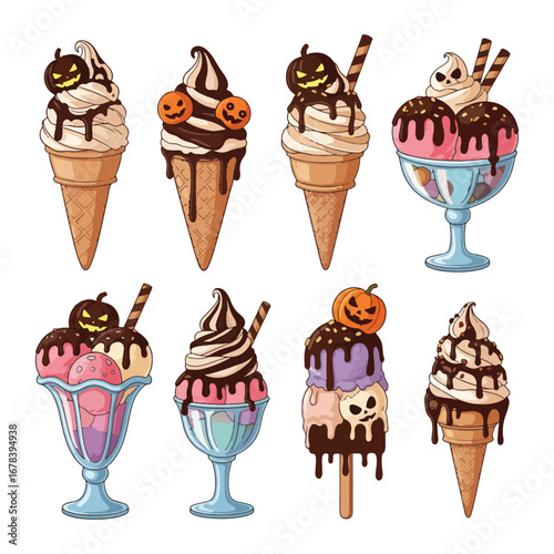 Halloween-themed ice cream treats in cones and dishes, decorated with spooky pumpkin and ghost designs.