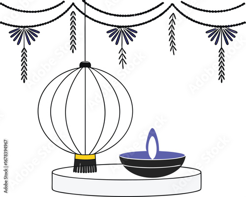 Diwali celebration with traditional lantern and diya, a festive illustration