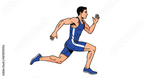 Athlete in full sprint depicted through vibrant cartoon rendering against plain background, vector art showing dynamic posture, athletic figure in