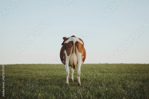 Pregnant cow pasture rear view sunset farm