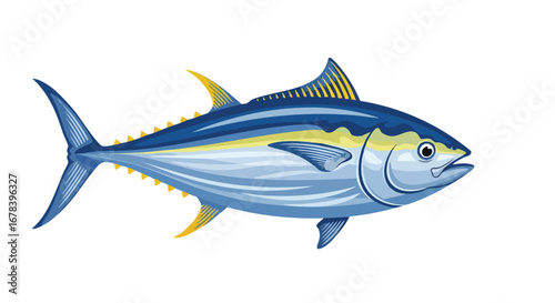 Detailed Tuna Fish Illustration with Striking Blue and Yellow Highlights Depicting Marine Life