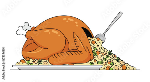 Festive roast turkey presentation with generous stuffing and shiny silver spoon on a platter showcases thanksgiving meal preparation