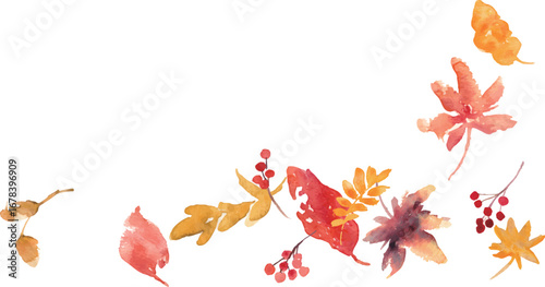 水彩。水彩画タッチで描いた秋の木の葉ベクターイラスト。秋の落ち葉と木の実セット。Watercolor. Vector illustration of autumn leaves painted with a watercolor-like touch. Set of autumn fallen leaves and berries.