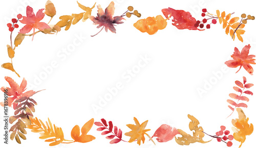 水彩。水彩画タッチで描いた秋の木の葉ベクターイラスト。秋の落ち葉と木の実セット。Watercolor. Vector illustration of autumn leaves painted with a watercolor-like touch. Set of autumn fallen leaves and berries.