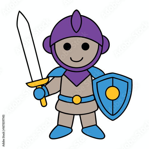 Cartoon knight in shining armor holding a sword in heroic vector style Vector illustration
