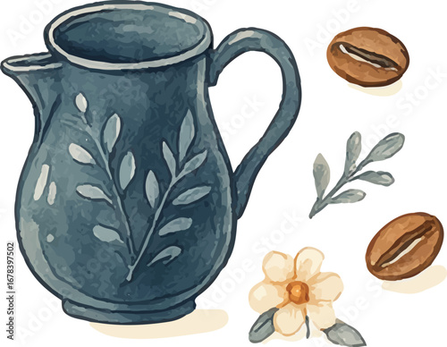 Watercolor Blue Coffee Pot with Leaves Design