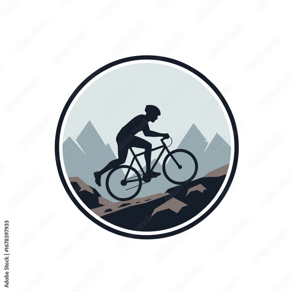 Fototapeta premium Mountain Bike Badge, Cyclist Silhouette on Rocky Mountain Trail, Badge Style With Circle Frame, Vector Flat Design
