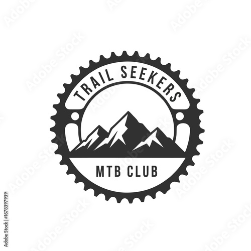 Mountain Bike Club Badge, Circular Chainring Design, Mountain Silhouette Inside