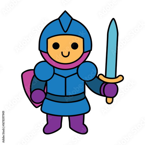 Cartoon knight with armor and sword illustrated in bold colorful artwork Vector illustration