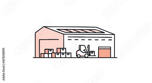Depiction of warehouse logistics with forklift and stacked boxes representing supply chain management and distribution channels efficiency