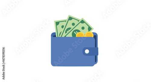 Digital representation showcasing a blue wallet overflowing with cash and gold coins financial abundance concept idea design element
