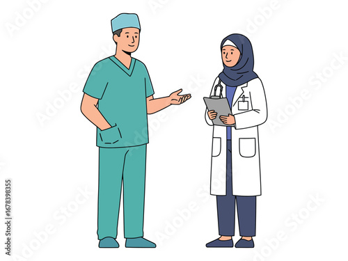 Male surgeon and female Muslim doctor with hijab discuss patient notes together