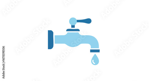 Stylized faucet illustration with a falling water droplet, conveying freshness and conservation  concept represented in clean, vector format
