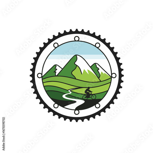 Circular Mountain Bike Club Badge, Chainring Border, Mountain Landscape Inside, Simple Vector