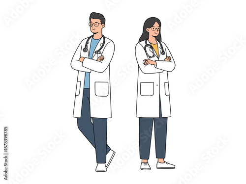 Professional illustration of two doctors, male and female, in white lab coats