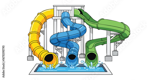 Vibrant water park illustration featuring thrilling slides and a refreshing splash pool for summer fun and excitement
