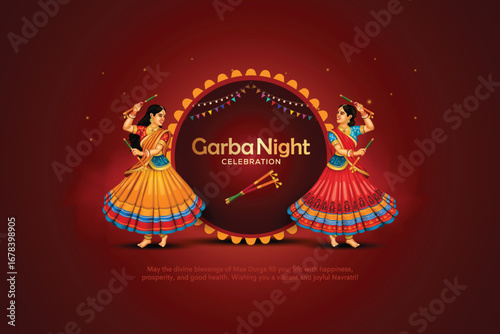 Navratri or Garba Night poster for Dussehra festival of India. Creative vector illustration design of peoples playing Dandiya dance.