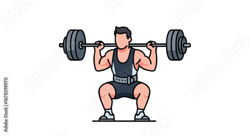 Cartoon illustration of a weightlifter performing a barbell squat exercise with determination and intense concentration showing power and strength