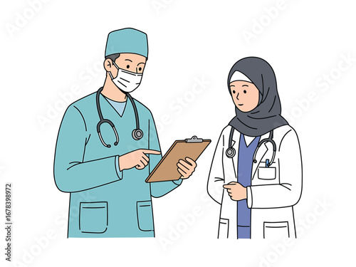 Male Surgeon and Female Muslim Doctor Discuss Patient Notes