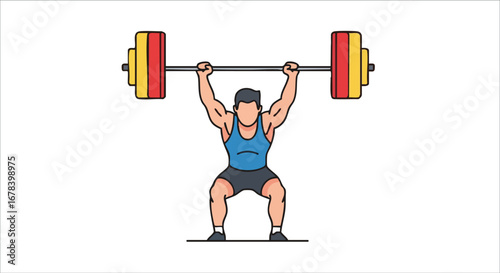 Illustrated weightlifter performing overhead squat with barbell,isolated on white,promoting fitness and strength training visualization