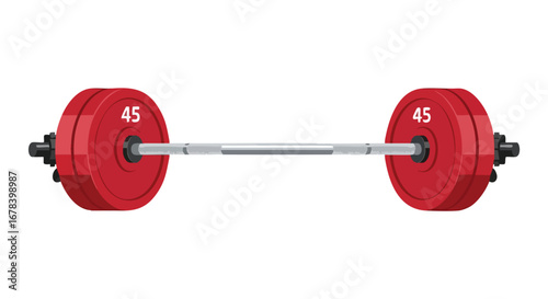 Illustration of a barbell with red weight plates on a white background showcasing fitness and strength training equipment for gym enthusiasts