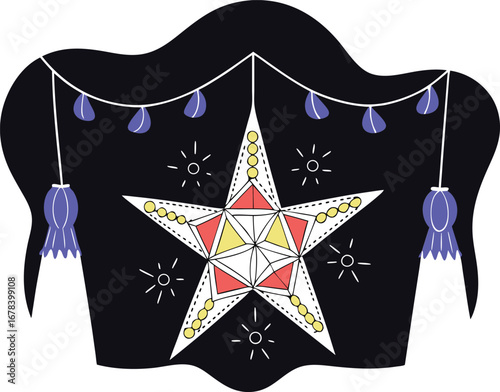 Festive star pinata with string lights on dark background, perfect for a night time celebration or a themed party decoration