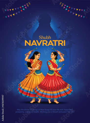 Navratri or Garba Night poster for Dussehra festival of India. Creative vector illustration design of peoples playing Dandiya dance.