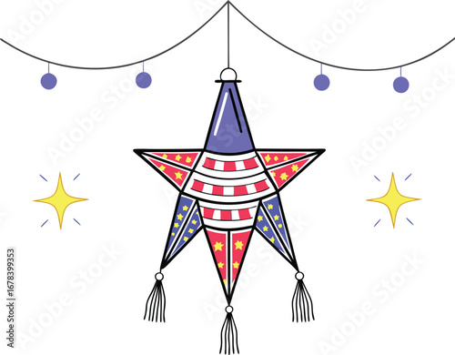 Festive star pinata with string lights, perfect for a fun and vibrant celebration or a themed party