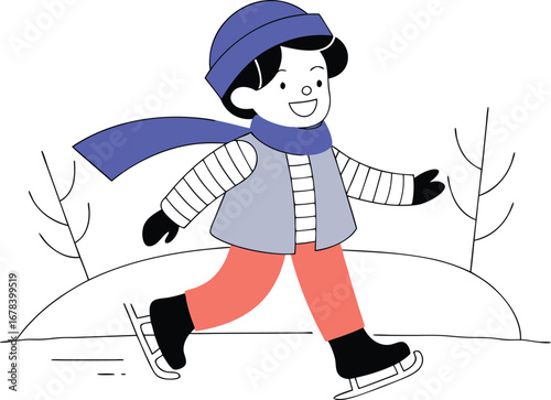 A cheerful boy ice skating on a winter day for a fun and active holiday season
