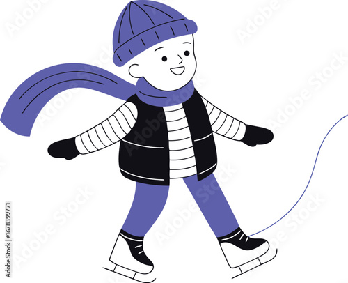 A cheerful boy is ice skating on a, enjoying winter sport and outdoor activity