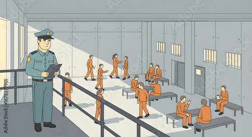 An illustration of daily life under supervision in a correctional facility with a guard observing inmates in the common area