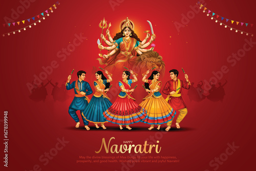 Navratri or Garba Night poster for Dussehra festival of India. Creative vector illustration design of people playing Dandiya dance.