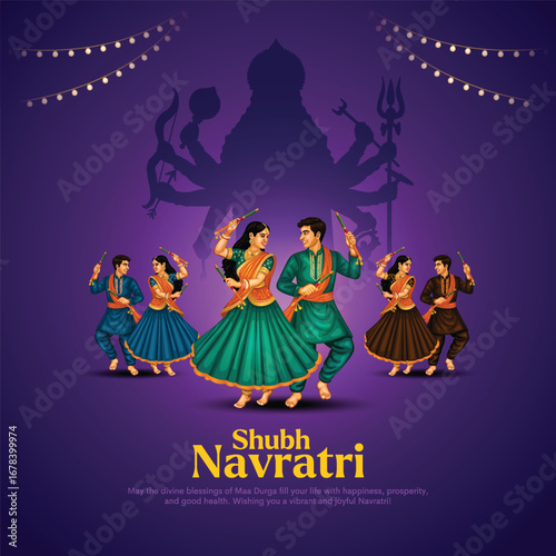 Navratri or Garba Night poster for Dussehra festival of India. Creative vector illustration design of couple playing Dandiya dance.
