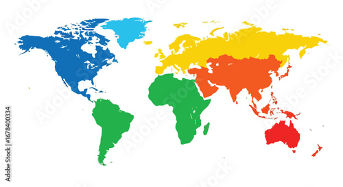 Colorful global landmass illustration delineating continents on a white backdrop presenting geographical regions and continental demarcations in