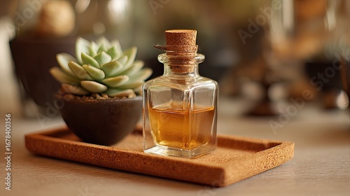 Small glass bottle with amber liquid, beside succulent in dark pot, on cork tray