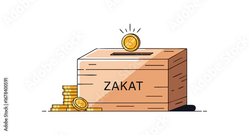 Illustrated Zakat Box with Gold Coins Symbolizing Islamic Almsgiving and Charitable Contributions in the Muslim Community