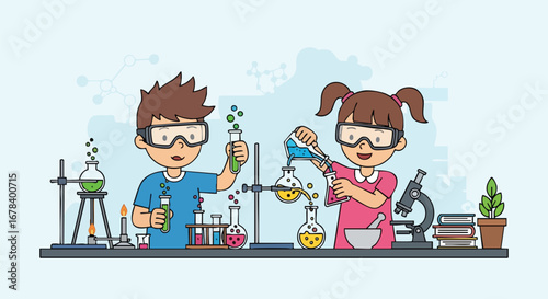 Enthusiastic young scientists exploring the wonders of scientific discovery in a colorful and engaging cartoon laboratory setting for educational