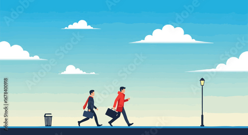 Businessmen commuting to work on a sunny morning with fluffy clouds and bright skies symbolizing the start of a promising day for career professionals